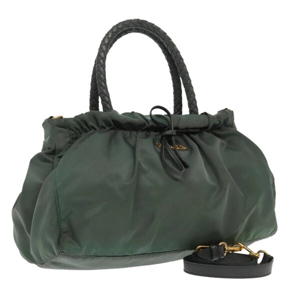 PRADA Hand Bag Nylon 2way Khaki Gold Auth 94249 - Picture 1 of 15